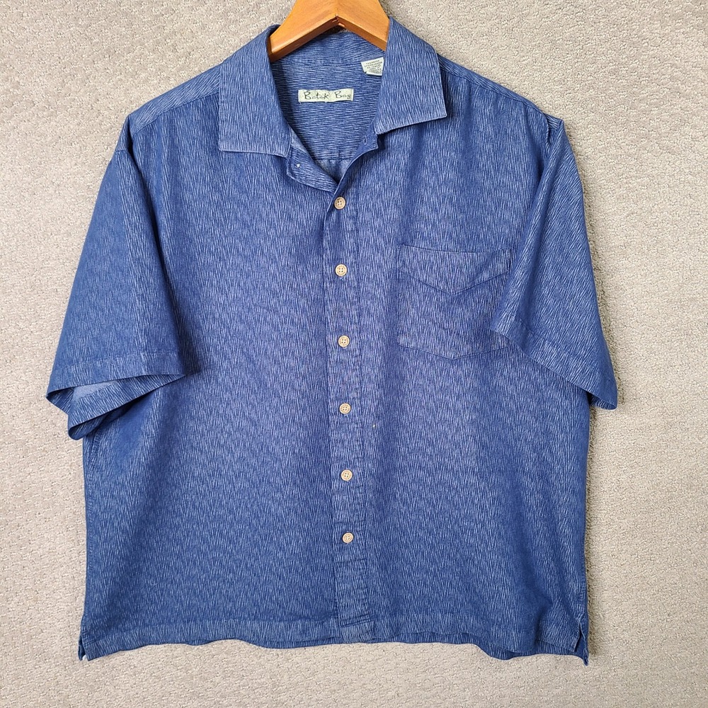 Batik Bay Shirt Mens Large Blue Button Down Short Sleeve Rayon Blend Casual